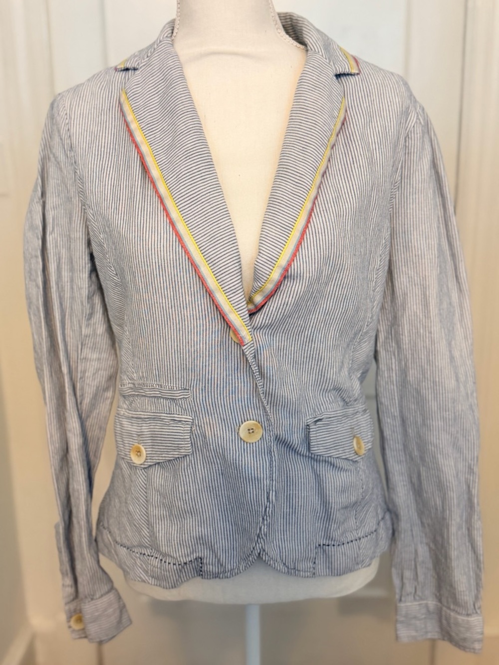 Anthropologie Cartonnier navy white stripe linen blazer women’s 12